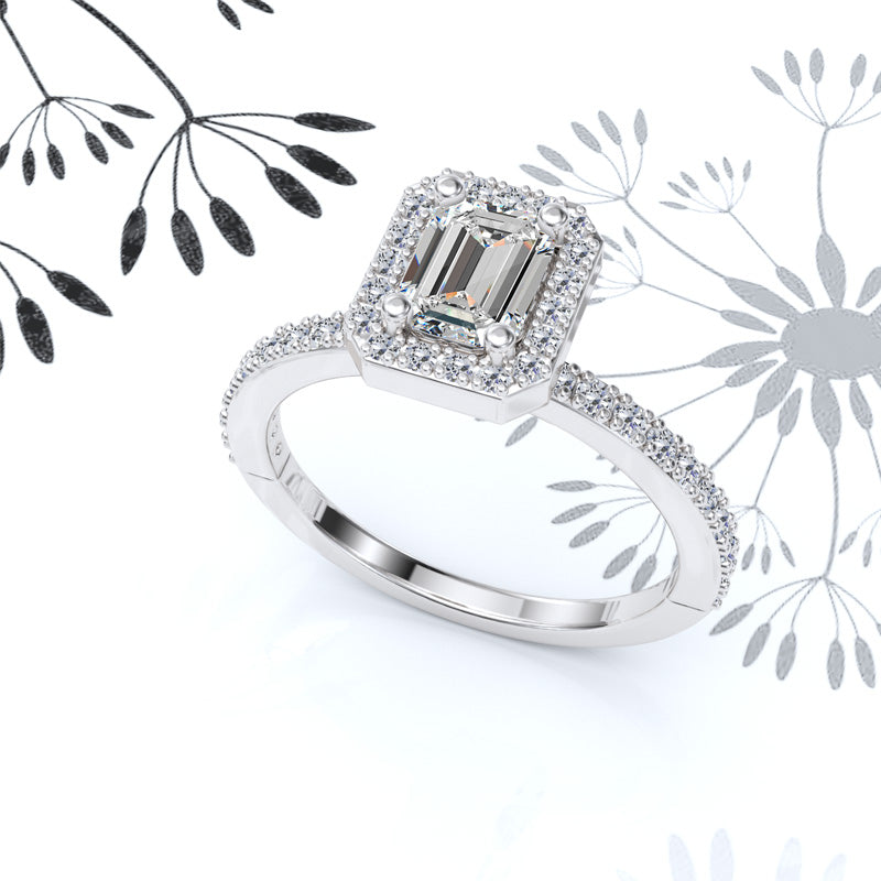 Halo Emerald Cut Gold Engagement Ring - 16GG18