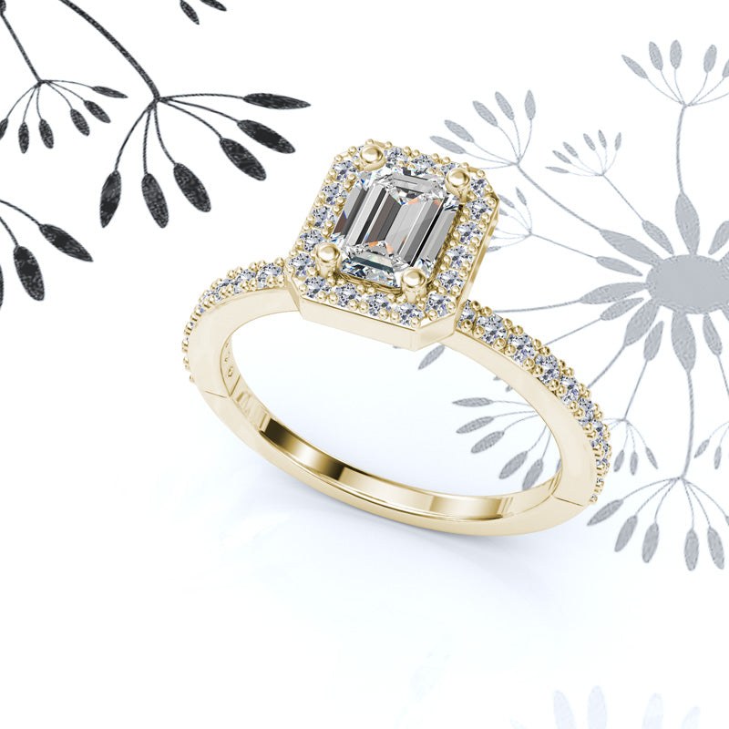Halo Emerald Cut Gold Engagement Ring - 16GG18