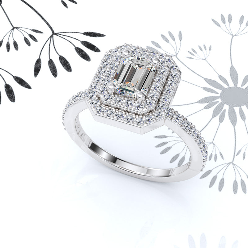Double Halo Emerald Cut Gold Engagement Ring - 16GG19