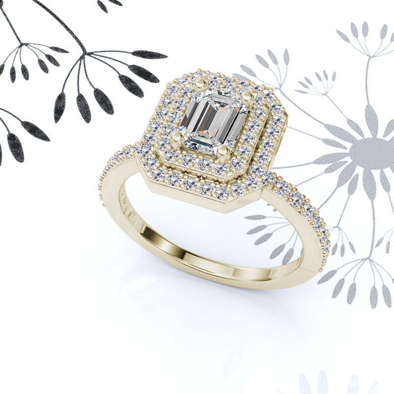 Double Halo Emerald Cut Gold Engagement Ring - 16GG19