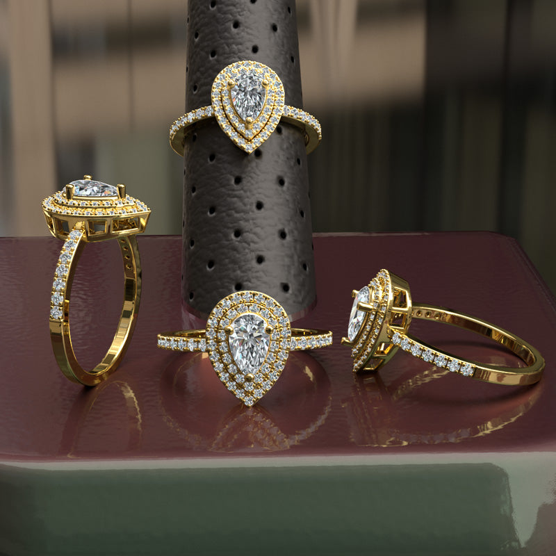 0.98ct Pear Diamond Double Halo Gold Engagement Ring - 16GG90