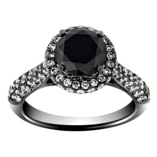 3.50 TCW 18k White Black Gold Round Cut AAA Black Diamond Engagement Ring - 17GG56