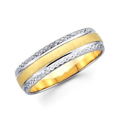 14k Yellow and White 2 Tone Gold Mens Satin Diamond Cut  Wedding Band - 18GG28