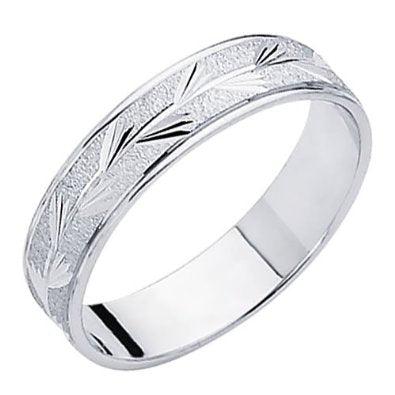 14K White Gold Satin Diamond Cut Embossed Wedding Band - 18GG38
