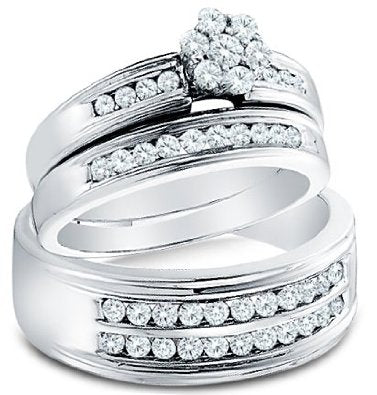14k White OR Yellow Gold Diamond Flower Mens And Ladies Couple Ring Set - 18GG45