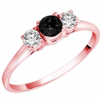 14K Gold Round 3 Stone Black Diamond & White Diamond Ring - 18GG96