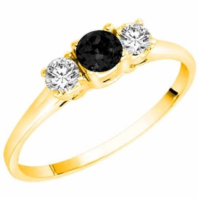 14K Gold Round 3 Stone Black Diamond & White Diamond Ring - 18GG96