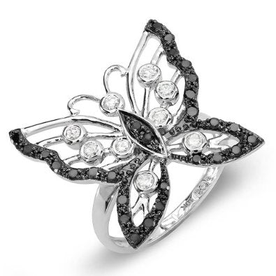 0.85 Carat (ctw) 10K White Gold Round Black/White Diamond Butterfly Ring - 19GG10