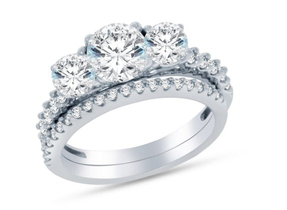 Solid 14k White Gold 3 Three Stone Bridal Set - 20GG15