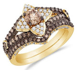 14K Yellow Gold Round Brilliant Cut Chocolate Brown and White Diamond Bridal Set - 20GG27
