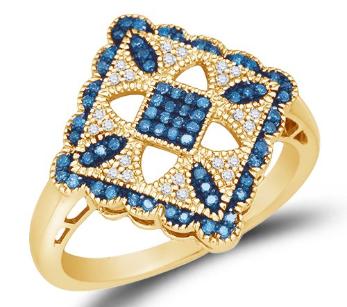 10K Yellow Gold Halo Channel Set Blue and White Diamond Engagement/Fashion Ring - 20GG44