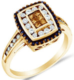14K Yellow Gold Halo Invisible Set Princess and Round Cut Chocolate Brown and White Diamond Engagement Ring - 20GG50