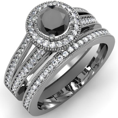 1.25 Carat (ctw) 14k White Gold Round with White And Black Diamond Bridal Set - 20GG89