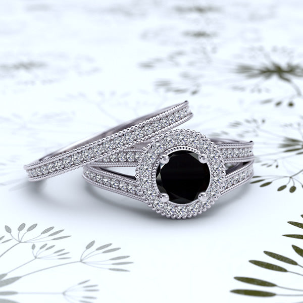 1.25 Carat (ctw) 14k White Gold Round with White And Black Diamond Bridal Set - 20GG89