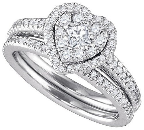 14k White Gold Round & Princess Natural Diamond Heart-shaped Bridal Set - 20GG99