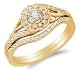 10K Yellow Gold Halo Prong Set Round Brilliant Cut Diamond Bridal Set - 21GG34