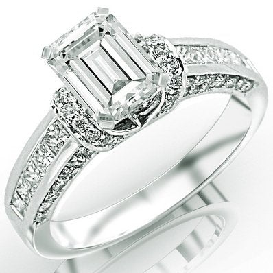 1.36 Carat Emerald Cut / Shape 14K White Gold  Pave Round Cut Diamond Engagement Ring - 21GG83