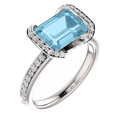 White Gold 9x7 Emerald Cut Aquamarine and Diamond Ring - 21GG90