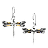 18k Yellow Gold and Sterling Silver Dragonfly Motif Drop Earrings-rx3446