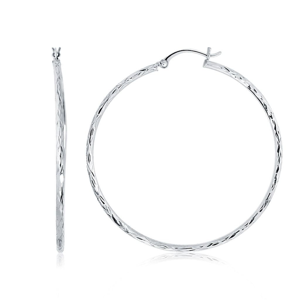 14k White Gold Diamond Cut Hoop Earrings (1 3/4 inch Diameter)-rx17463
