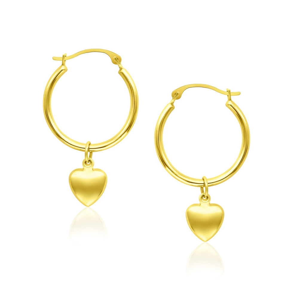 14k Yellow Gold Hoop Earrings with Dangling Puffed Heart rx66728