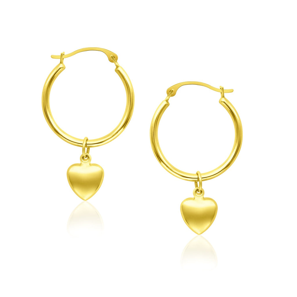 14k Yellow Gold Hoop Earrings with Dangling Puffed Heart-rx66728