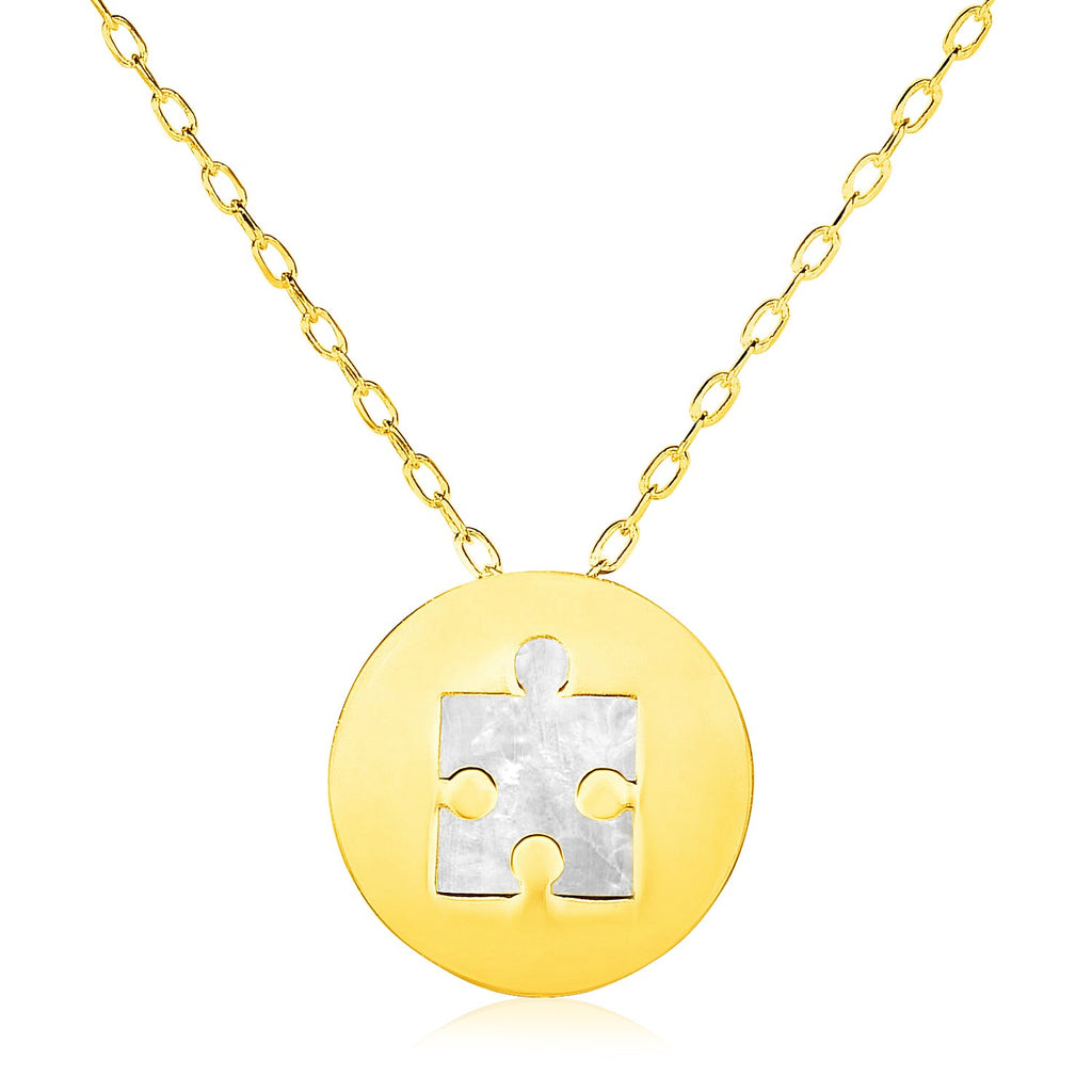14k Yellow Gold Necklace with Puzzle Piece Symbol in Mother of Pearlrx86098-16-rx86098-16