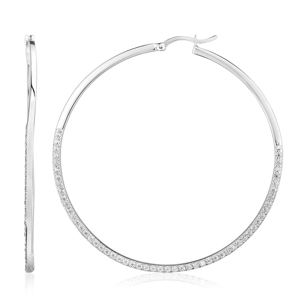 Sterling Silver Large Textured Rectangular Profile Hoop Earrings-rx88928