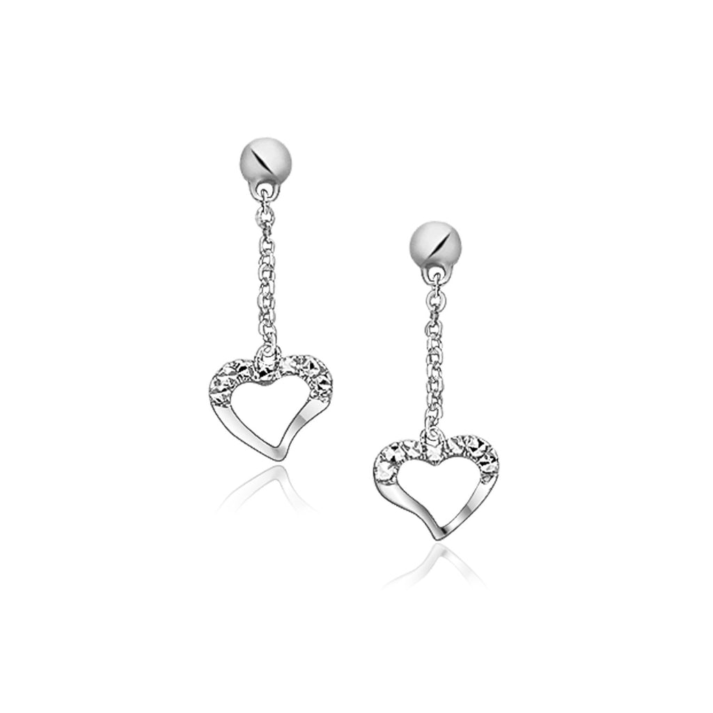 14k White Gold Sparkle Texture Heart Dangle Earrings-rx47005