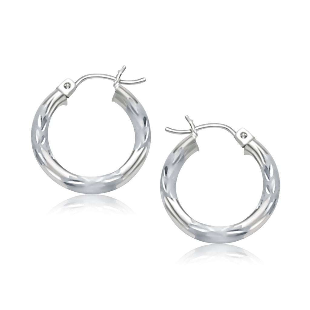 14k White Gold Hoop Earrings with Diamond Cuts (15mm)-rx44749