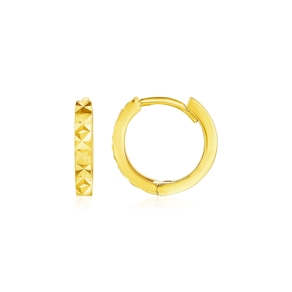 14k Yellow Gold Petite Round Hoop Earrings with Geometric Texture-rx49409
