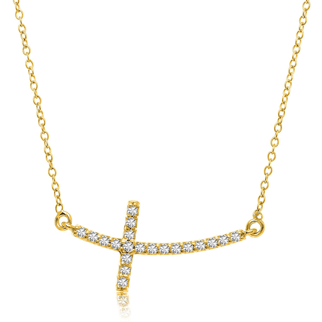 14k Yellow Gold Curved Crucifix Diamond Accented Necklace (.21cttw)-rx06976-18