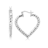 Sterling Silver Rhodium Plated Heart Style Hoop Diamond Cut Earrings-rx56332