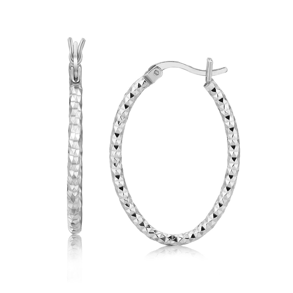Sterling Silver Rhodium Plated Textured Diamond Cut Oval Hoop Earrings-rx57386