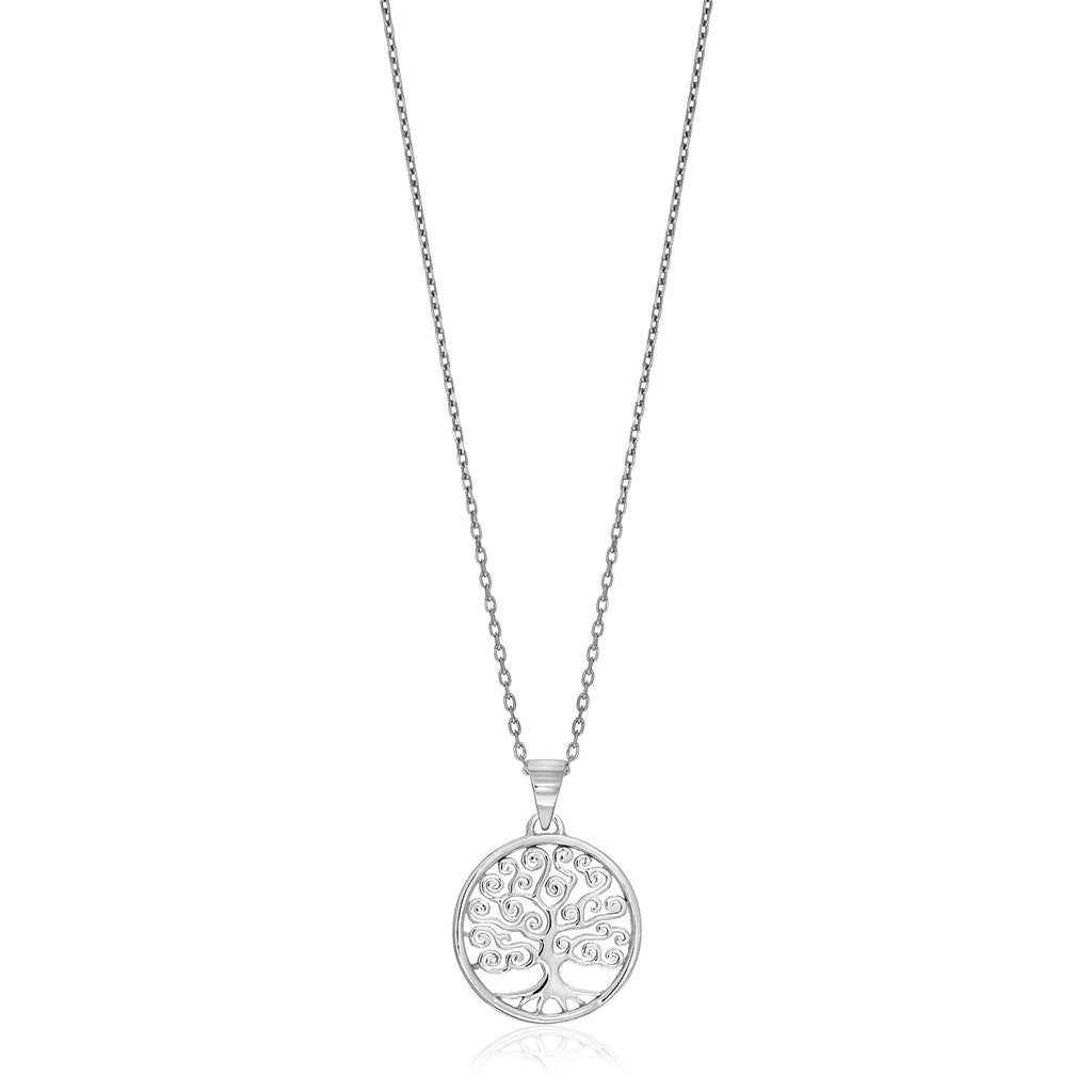 Sterling Silver Round Spiral Motif Tree of Life Necklace-rx67446-18