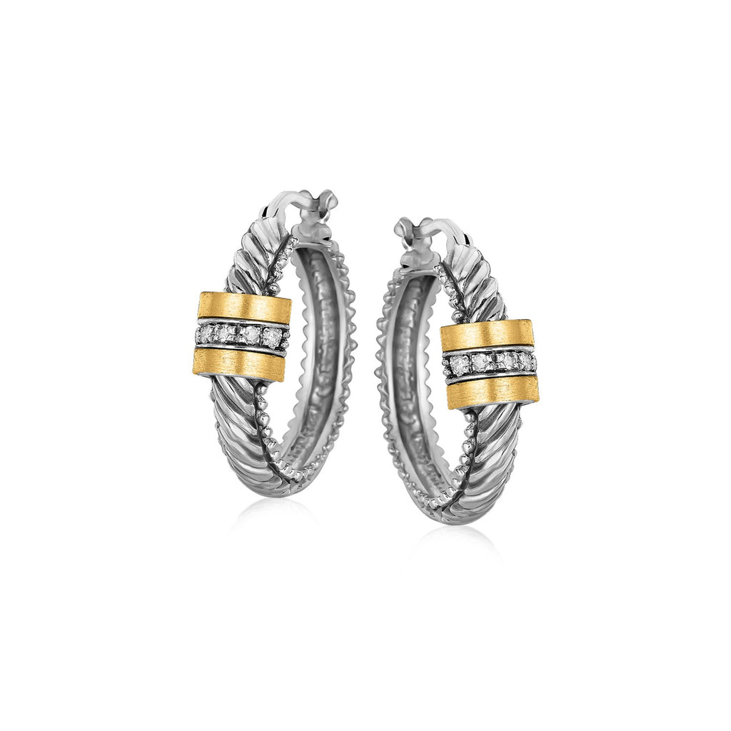 18k Yellow Gold and Sterling Silver Diamond Italian Cable Style Hoop Earrings-rx60976