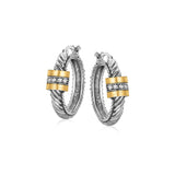 18k Yellow Gold and Sterling Silver Diamond Italian Cable Style Hoop Earrings-rx60976