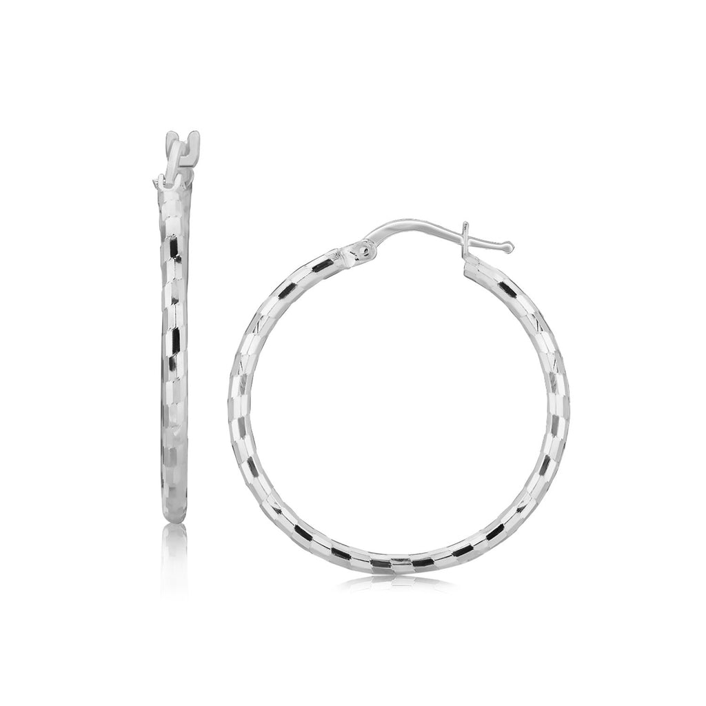 Sterling Silver Hoop Design Diamond Cut Earrings with Rhodium Plating (26mm)-rx69788