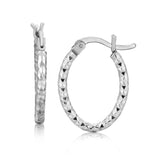Sterling Silver Rhodium Plated Small Oval Hoop Diamond Cut Textured Earrings-rx73237