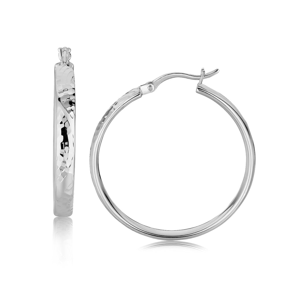 Sterling Silver Hammered Style Hoop Earrings with Rhodium Plating (30mm)-rx78943