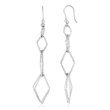 Sterling Silver Textured Interlocking Diamond Motif Dangle Earrings-rx79059
