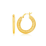 14k Yellow Gold Greek Key Medium Hoop Earrings with Flat Sides-rx85385