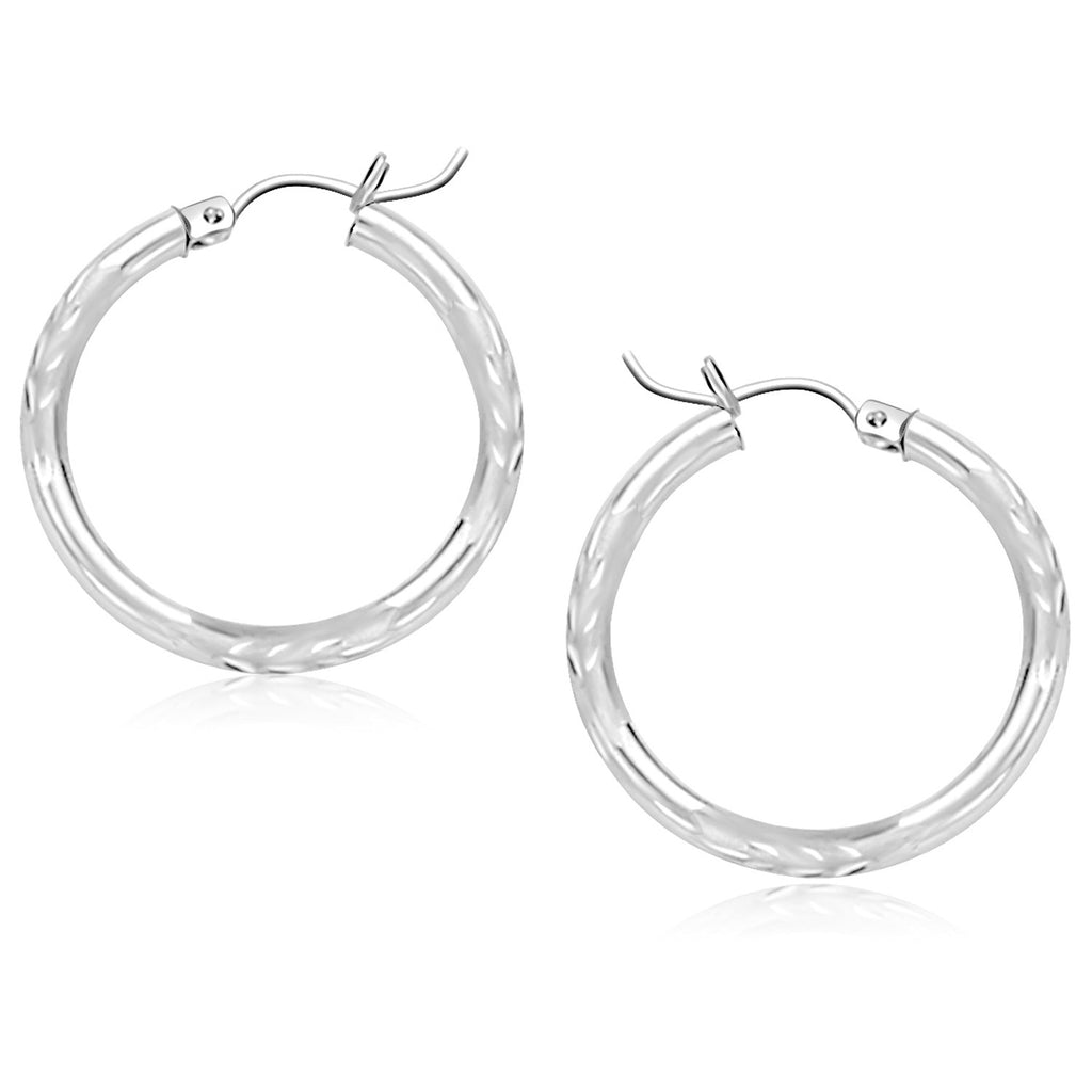 14k White Gold Diamond Cut Hoop Earrings (25 mm)-rx88559