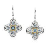 Sterling Silver and 14k Yellow Gold Blue Topaz Quatrefoil Earrings with Diamonds-rx91371