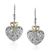 14k Yellow Gold and Sterling Silver Intricate Filigree Heart Drop Earrings-rx96466