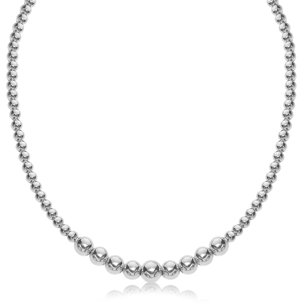Sterling Silver Rhodium Plated Graduated Motif Polished Bead Necklace-rx97846-17