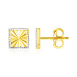 14k Two Tone Gold Textured Square Post Earrings-rx35374