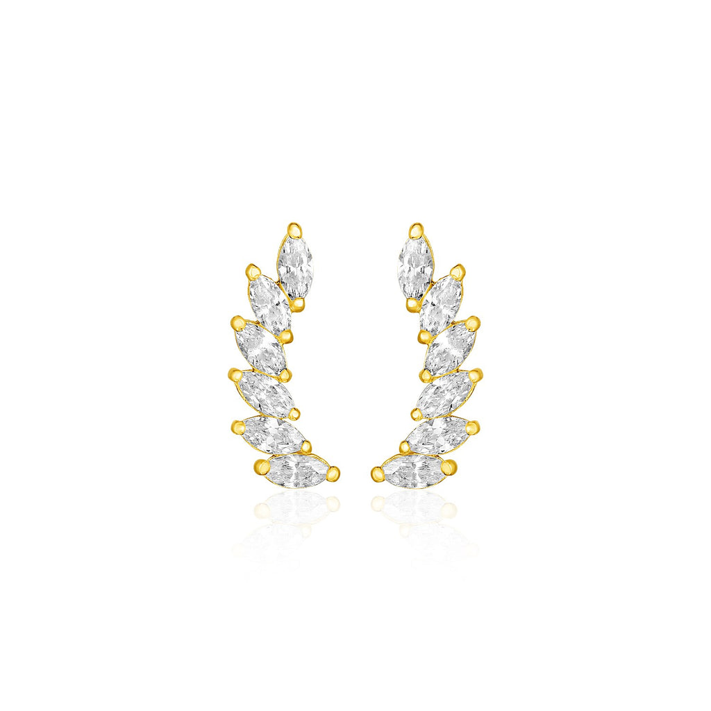 14k Yellow Gold Leaf Motif Climber Post Earrings with Marquise Cubic Zirconias-rx85830