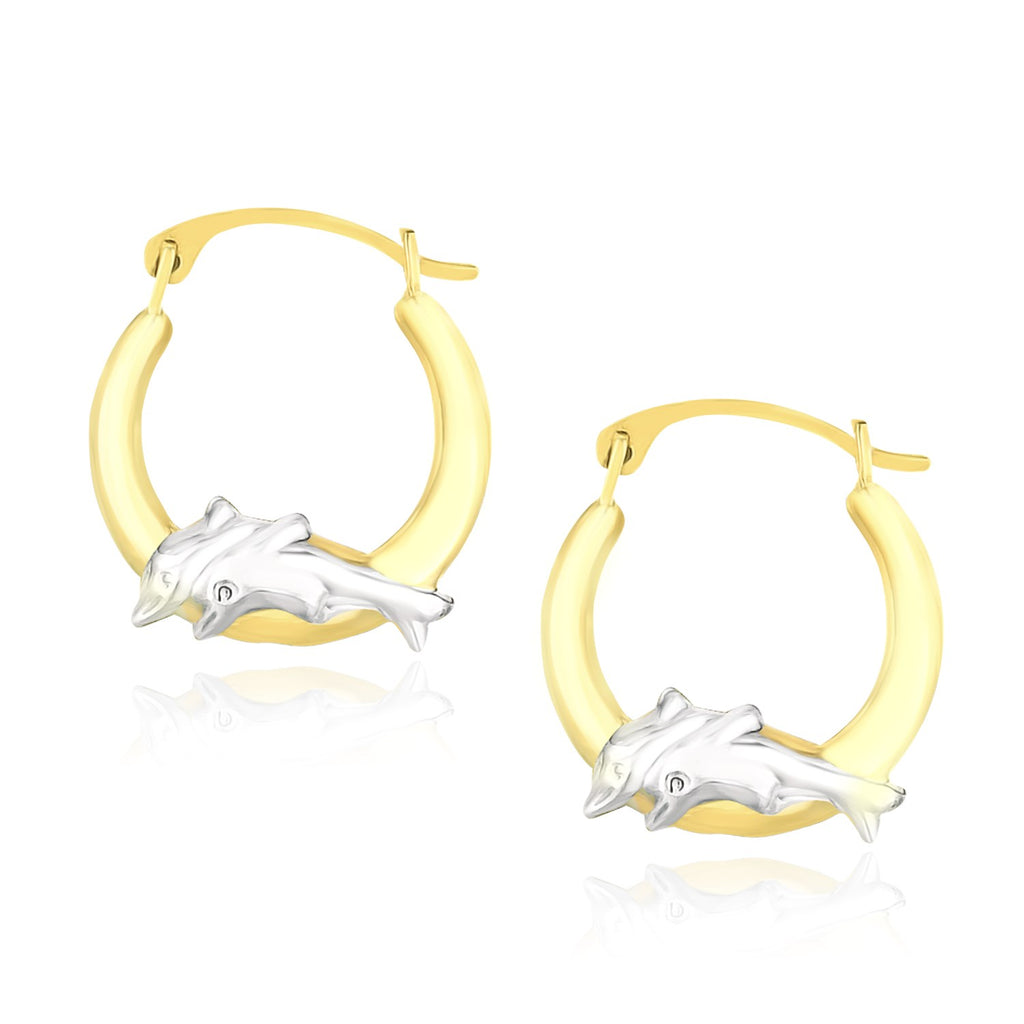 10k Two-Tone Gold Round Graduated Dolphin Design Hoop Earrings-rx6297