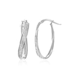 14k White Gold Oval Hoop Twist Glittery Earrings-rx65665